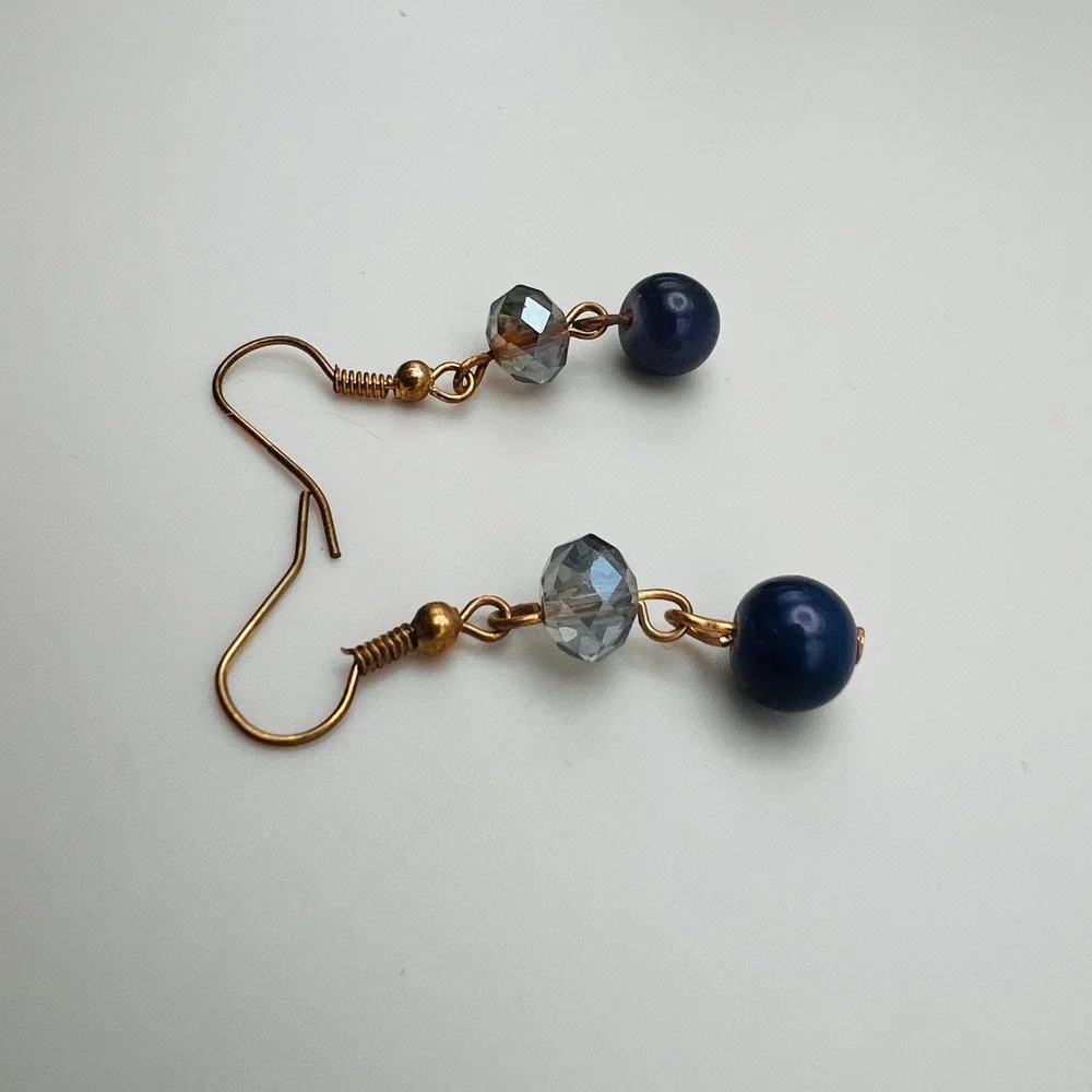 Handmade Blue Beaded Dangle Earrings Gold Tone French Hook Faceted Drop